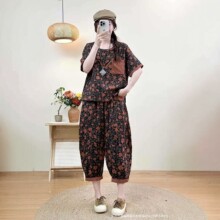 复古国风双纱套装女夏新款宽松印花短袖哈伦裤两件套文艺休闲装