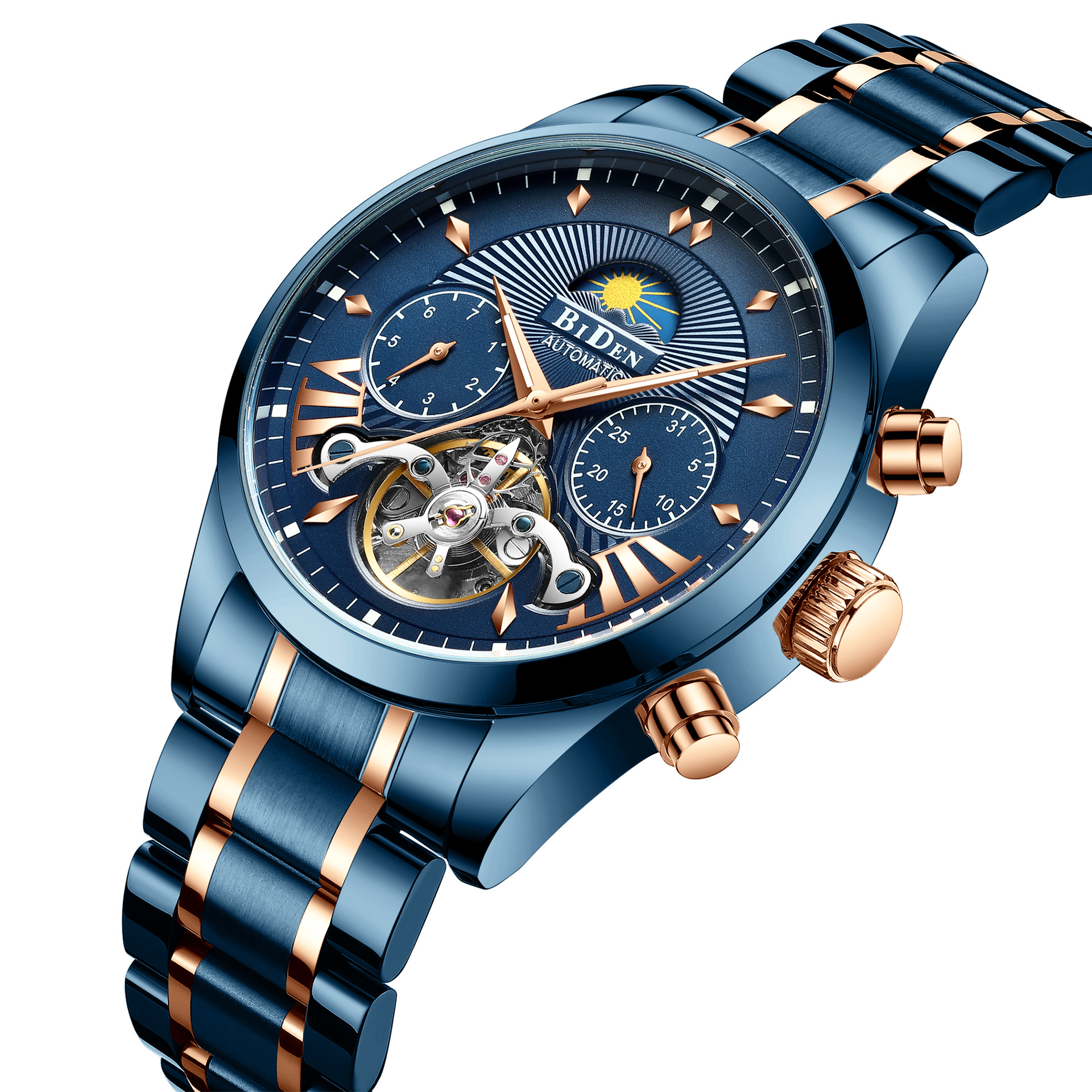 Biden Men's Mechanical Watch Multifunctional Sun Moon Star Luminous_voghion.com
