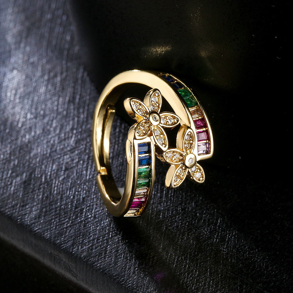 fashion T cubic zirconia flower geometric open copper ring female