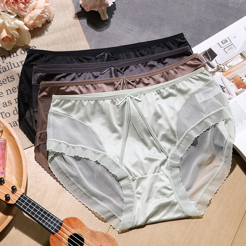 Spot 7A Antibacterial Cotton Underwear Mesh Sexy Lace Edge Imitation Silk Underwear Girls Sports Breathable Briefs