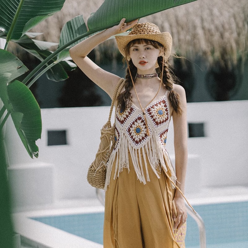 Summer Ethnic Style Vest Sling Women's Handmade Knitted Hollow Tassel Bohemia Travel Vacation Yunnan Cross-border