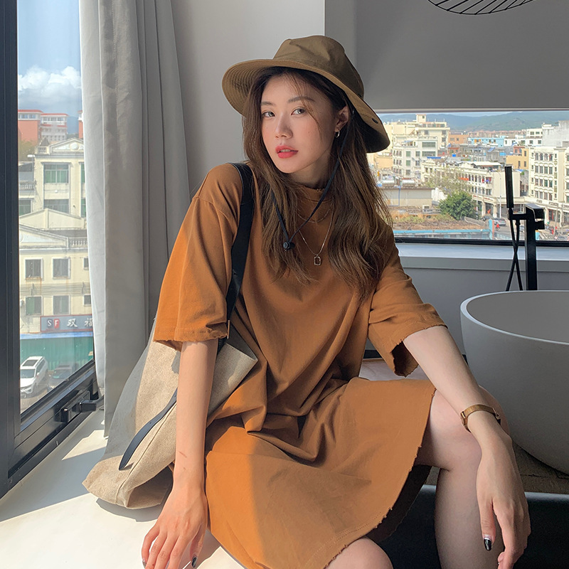 여성을위한 순수 코튼 라글란 백 칼라 드레스 여름 새로운 한국 스타일 느슨한 중간 길이 반팔 티셔츠 드레스 여성을위한