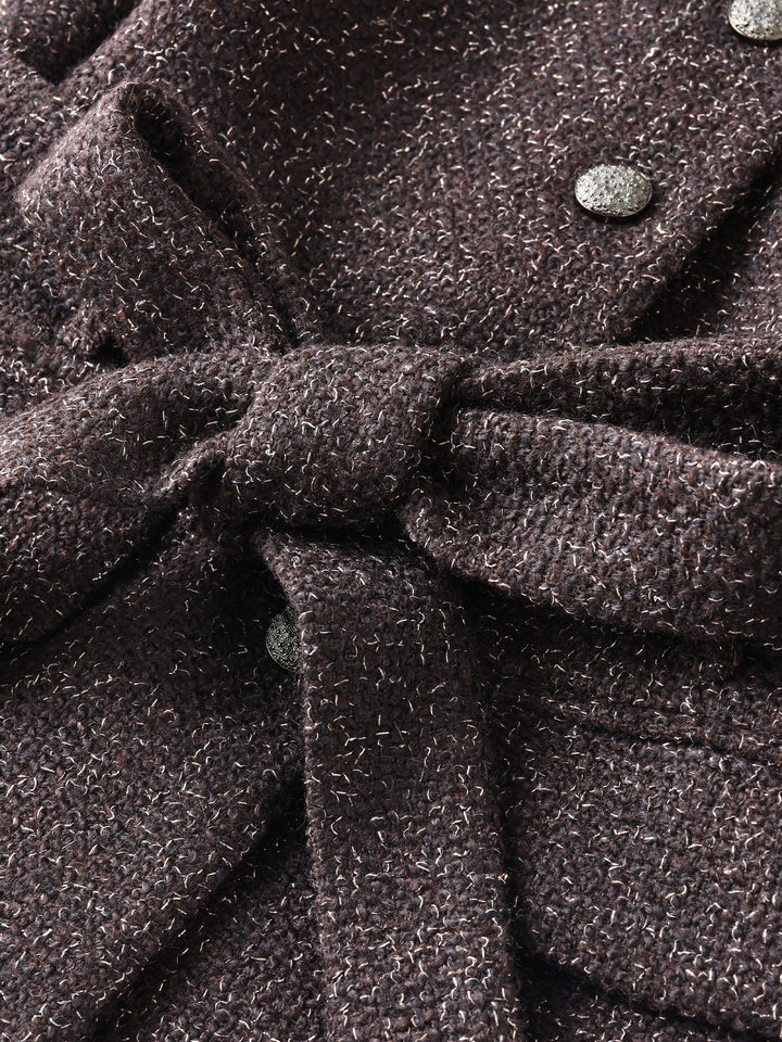 Áo khoác nữ dáng ngắn dạ tweed len có thắt lưng kiểu sơ mi chiết eo — Màu đỏ rượu Port