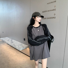 早秋韩版学生棉t恤女撞色拼接长袖中长款超火宽松打底衫上衣潮