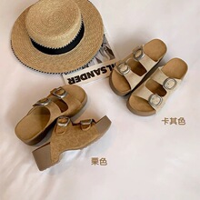 葡萄妈同款腿精勃肯拖鞋女6cm厚底增高扣带真皮粗跟凉拖鞋夏外穿