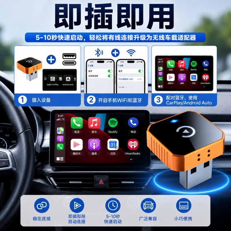 Cross-Border Popular Product: Wired-To-Wireless Carplay Box and Android Auto Box Two-In-One Car Connectivity Adapter