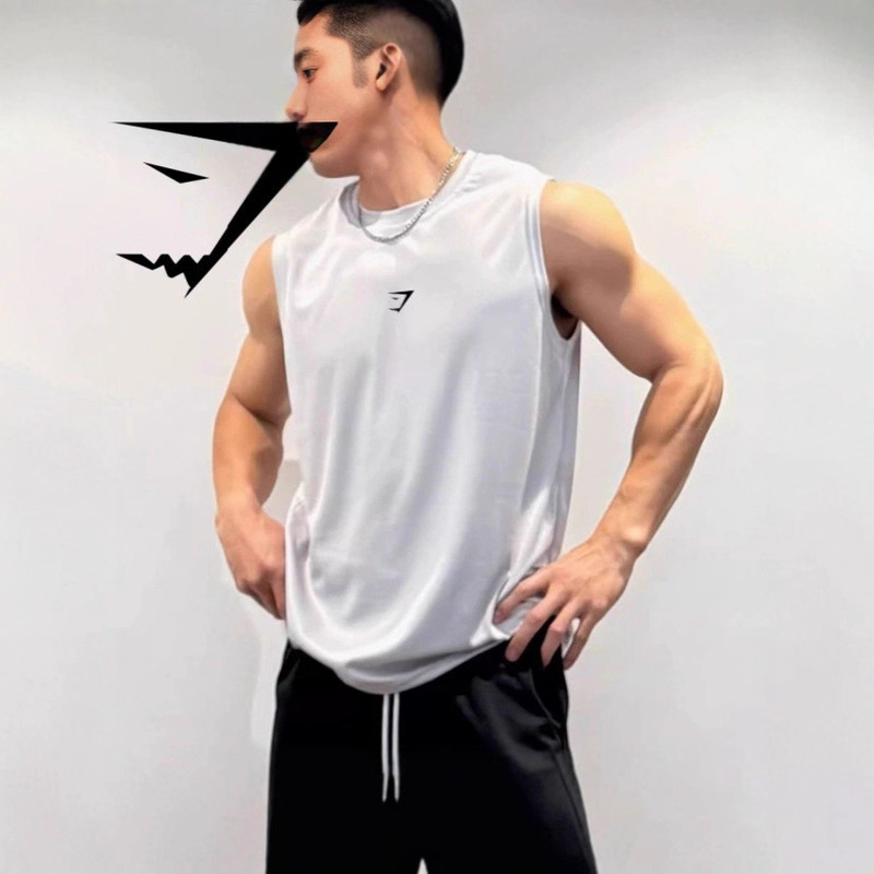 Gymshark Men's Fitness Vest Sports Training Sleeveless T-Shirt Summer Round Neck Quick-Drying Breathable Muscle Shark