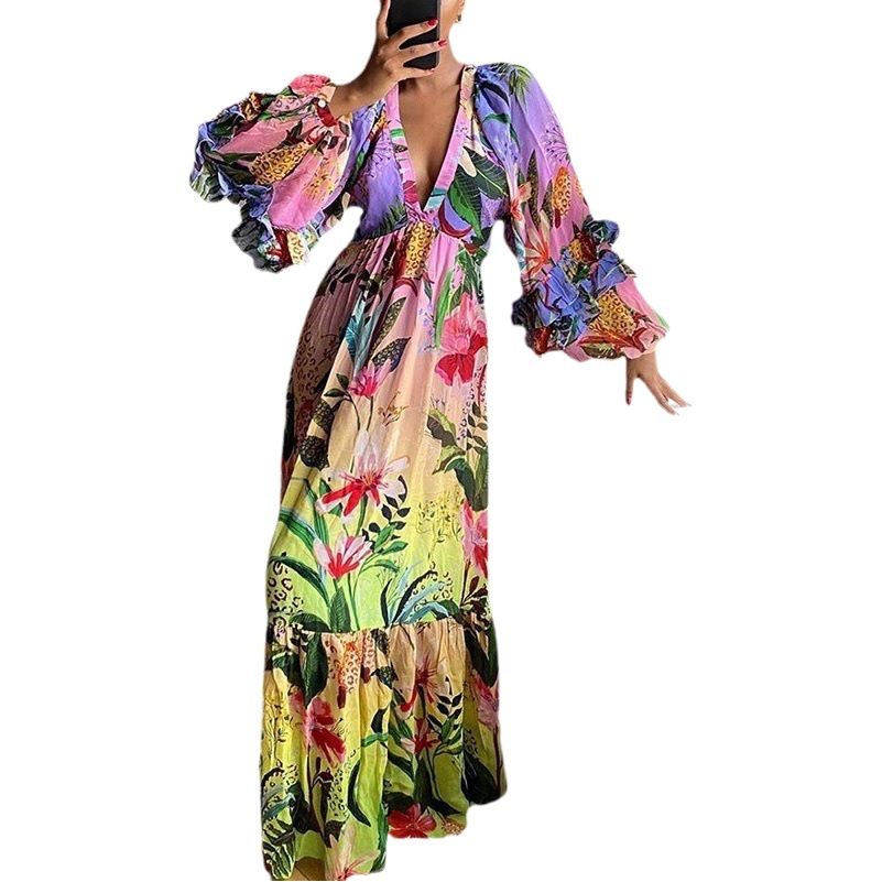 Vestido largo de verano 2026, estilo nuevo de Amazon, con estampado degradado, volantes, cuello en V, sexy y entallado.