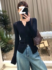 韩系穿搭设计感单排扣长袖针织衫女秋季镂空修身显瘦内搭打底上衣