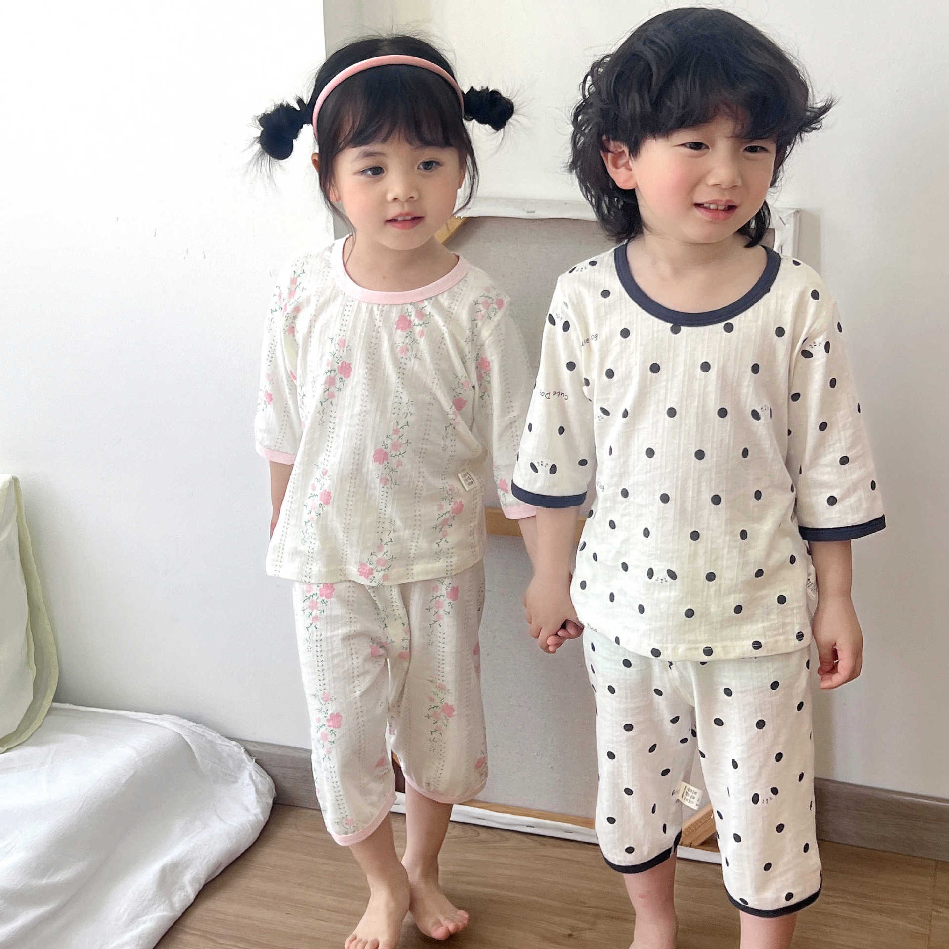 Summer Pure Cotton Breathable Children's Home Wear Pajamas with 7/8 Sleeves Children's Air Conditioning Clothing Set Anyang Children's Clothing Wholesale