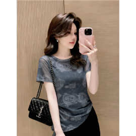 时尚印花双层网纱短袖T恤女装夏季洋气圆领修身小衫显瘦打底上衣
