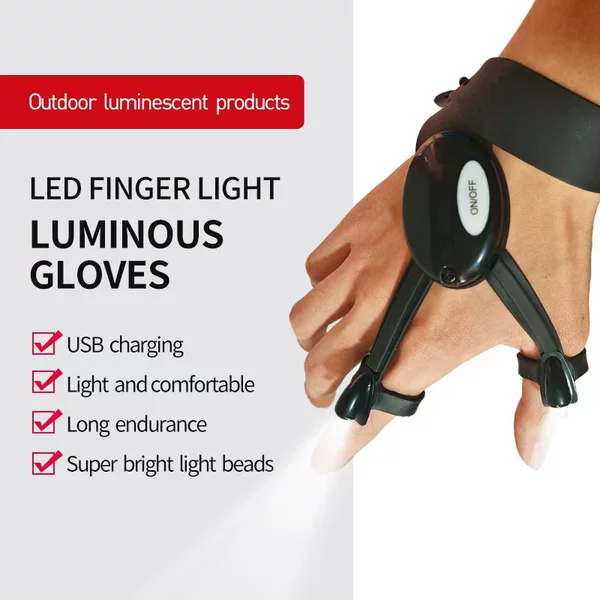 New Rechargeable Fishing Gloves with Flashlight, Two-Finger Black Outdoor Night Running Light, Fishing Gloves with Hook, Waterproof