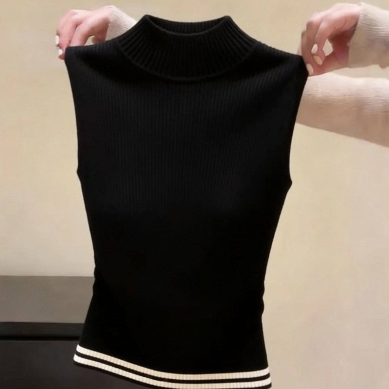 This Spring's New Black Half-High Collar Sleeveless Knitted Base Shirt Vest for Women, Versatile and Slimming, Trendy Top for Commuting