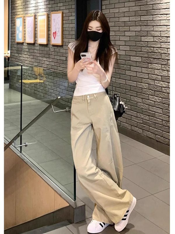 卡其色工装牛仔裤女夏季2025新款大码胖mm高腰宽松显瘦阔腿拖地裤|undefined
