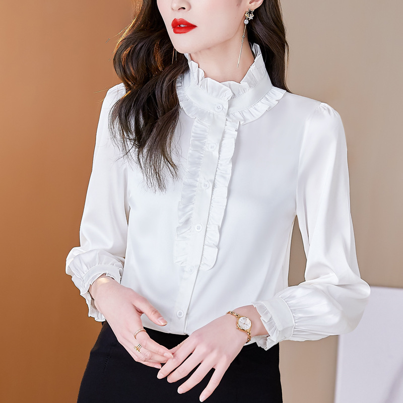 Brand New Ear Collar Edge Mulberry Silk Ruffled Shirt high quality Collar Professional Shirt Women's Western Style Top