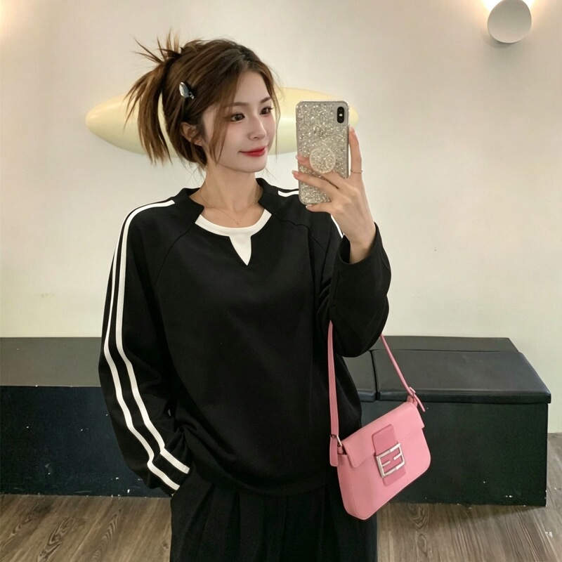Modal new color-block striped long-sleeve T-shirt, a fashionable and versatile loose-fit base layer for spring and autumn