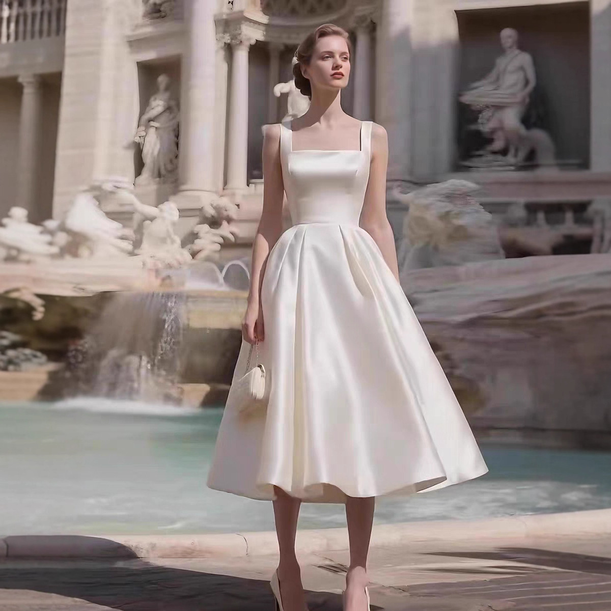 Amazon's New Cross-Border White Simple Dress Dress Can Be Worn Daily for Engagement Toasting Dress Bridal Dress