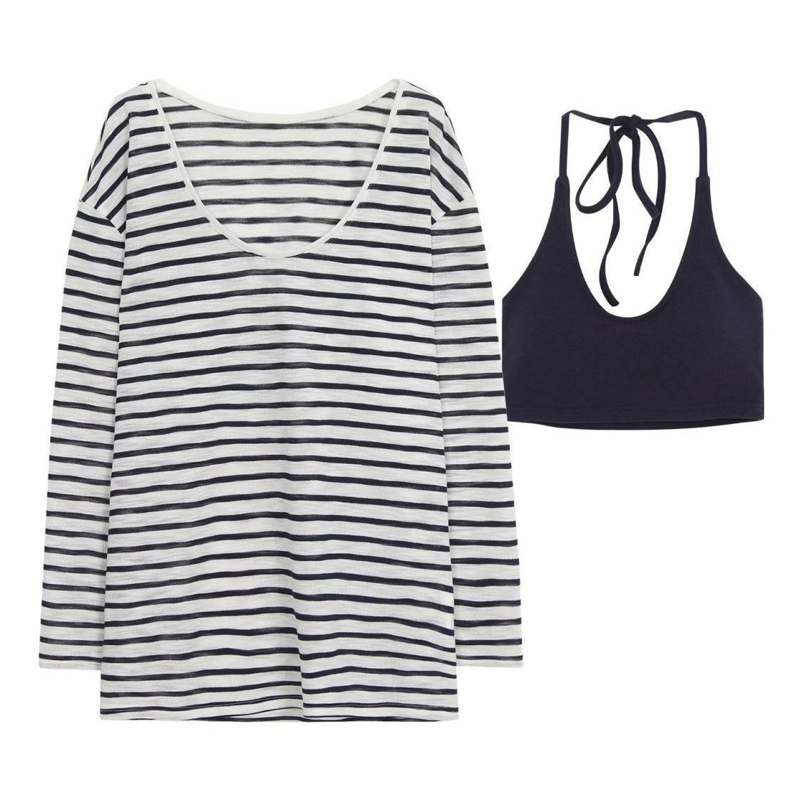 Sun-Protective Camisole Set with Chest Pads, Summer Color-Block Striped V-Neck Long-Sleeve T-Shirt, Loose Thin Tank Top for Women, Trendy