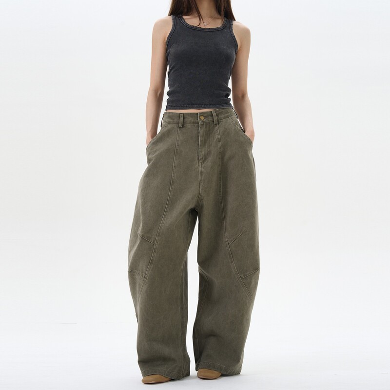 American-style Retro Green Brown Loose Machete Pants Men and Women's Trendy Trendy Trendy Trappy Couple Pants