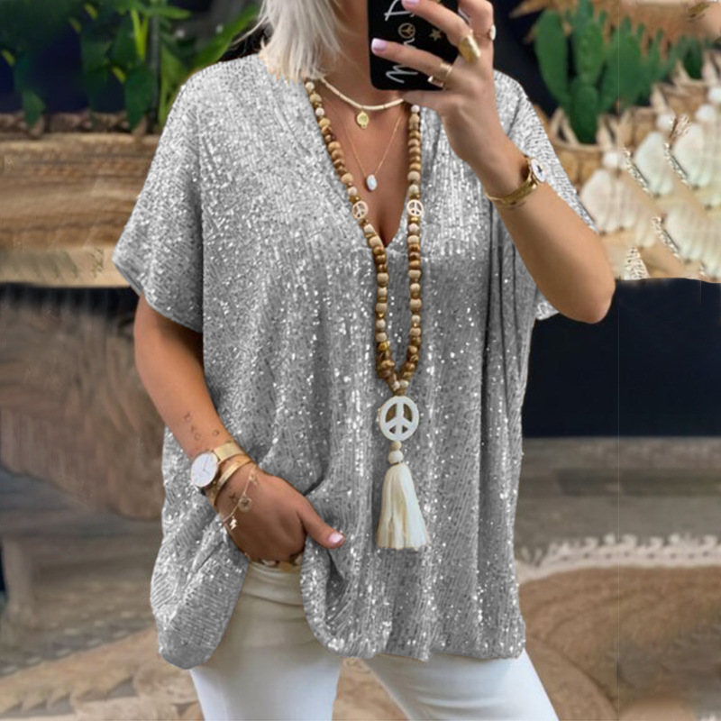 Maglietta da donna a maniche corte, casual, urbana, ampia, con paillettes e scollo a V, colore a contrasto._voghion.com