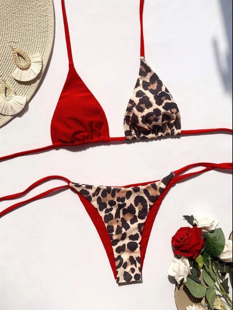 Swimming Pool, Beach Occasion Women's Solid Color Leopard 2 Pieces Set Bikinis Swimwear