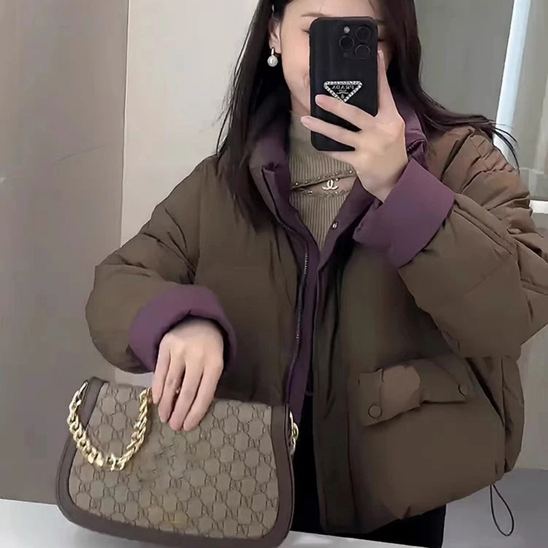时尚减龄羽绒棉服女2024冬季新款小个子洋气撞色短款加厚棉衣外套