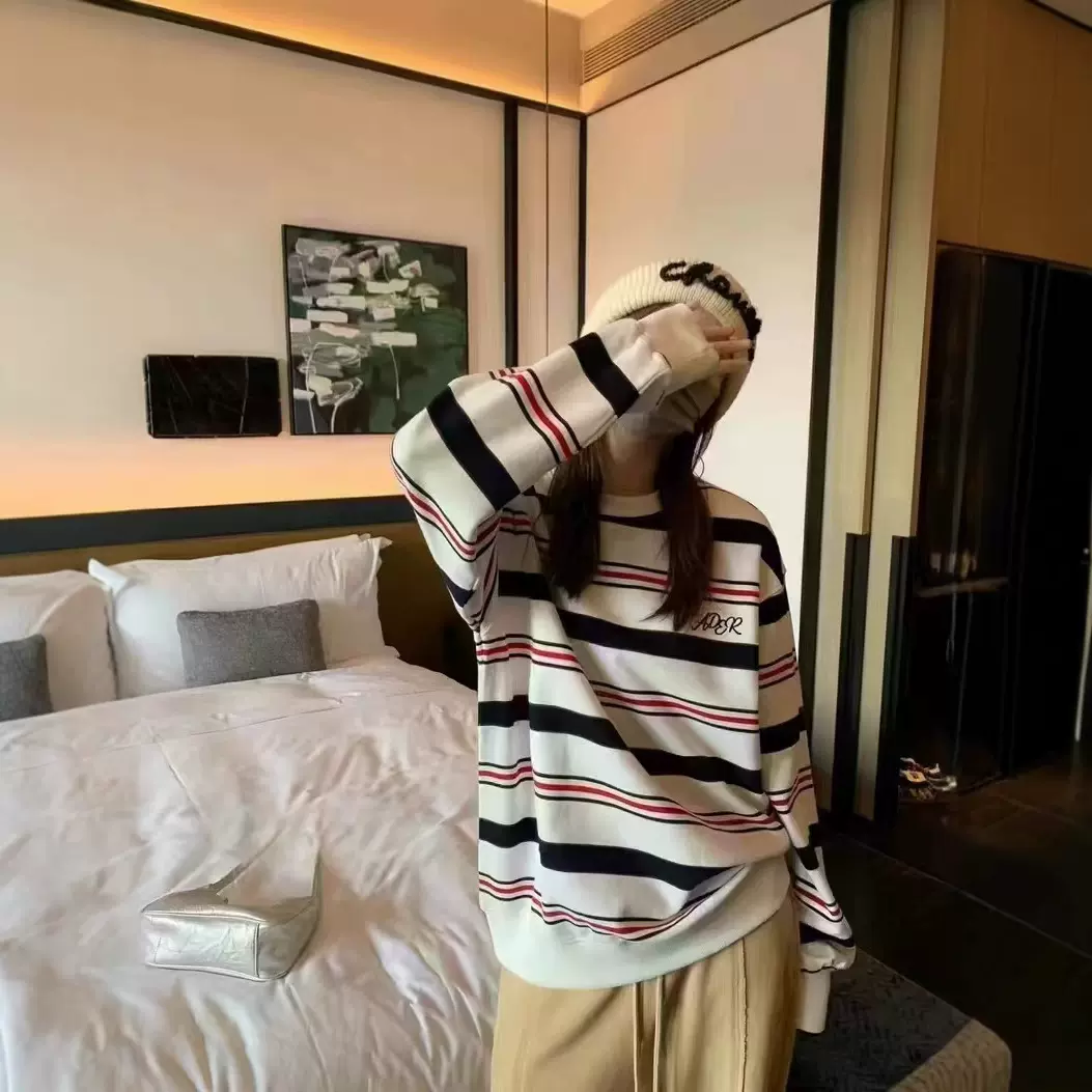 ADER秋季慵懒风条纹卫衣女2024复古高级感宽松潮牌高街长袖上衣女
