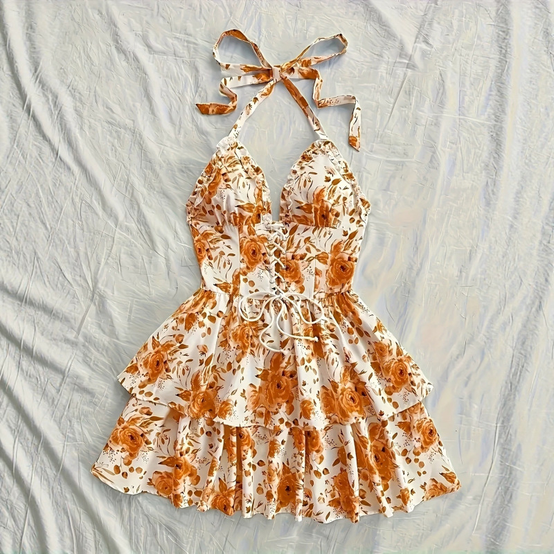2026 European and American cross-border Amazon independent site women's resort-style vintage printed dress with tie-neck decoration 2026 European and American cross-border Amazon independent site women's resort-style vintage printed dress with tie-neck decoration