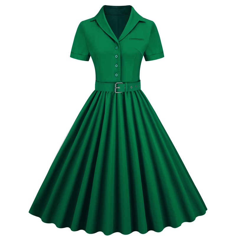 European And American Cross-border Women's Dress, Short-sleeved, 2025 New Summer Vintage Solid Color Large Hem_ecoleips.com