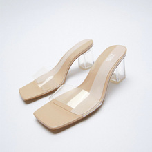 ZA女鞋夏季新款自然色粗跟拖鞋方頭高跟一字帶水晶透明涼鞋女