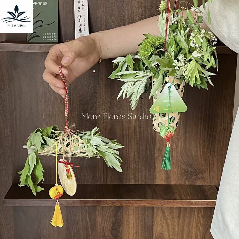 Dragon Boat Festival hecho a mano bricolaje bambú barco dragón barco ajenjo bolsita ramo embalaje decoración de la puerta colgante joyería de coche hecha a mano