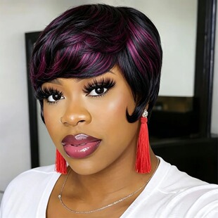 human hair Black Purple Pixie Wig With Bangs������Ⱦ���`�̰l