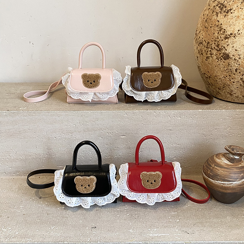 Caricatura lindo oso, bolso de hombro para niños y niñas, mini bolso de bebé, bolso de encaje dulce, accesorios para niños