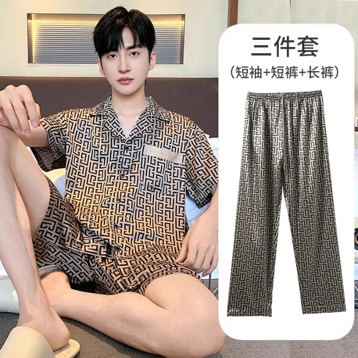 Verano seda de hielo Jacquard pijama hombre delgado alto sentido ligero lujo casual ropa de casa de tres piezas set en vivo