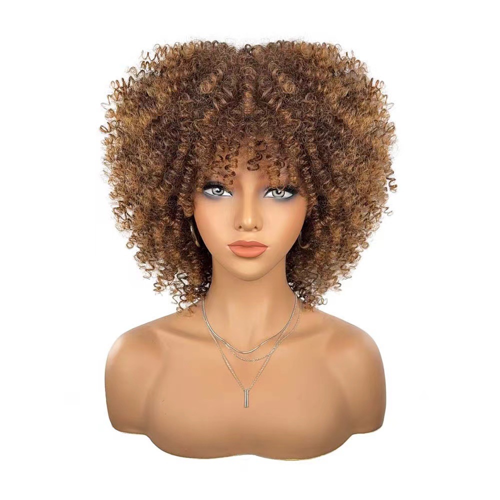 Transfronterizo nuevo natural esponjoso corto pequeño rollo explosivo cabello rizado kinky mate de alta temperatura peluca cubierta de cabello