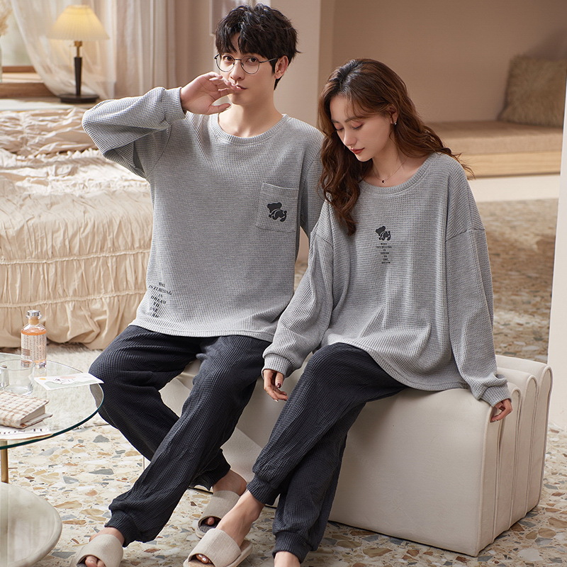 Primavera y otoño pareja pijamas de algodón de invierno de las mujeres de dibujos animados lindo de manga larga casual hombres simples más tamaño homewear traje