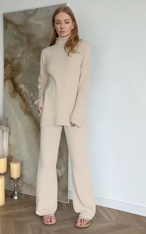 跨境高领毛衣套装女欧美2025秋冬打底针织阔腿裤+高领毛衣套装女|undefined
