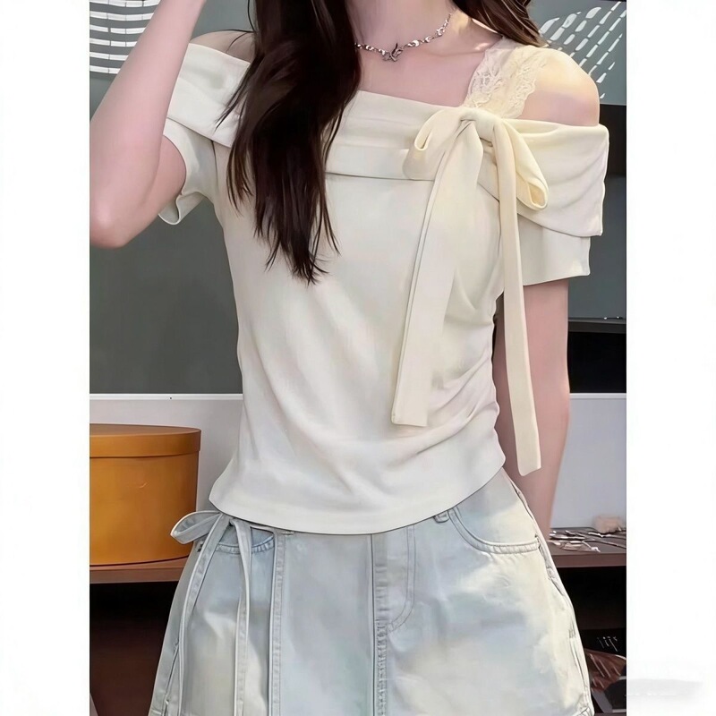 T-Shirt with Straps, Bow Design, One-Shoulder Lace Suspenders, Summer Half-Sleeved Short-Sleeved Off-The-Shoulder Top for Women