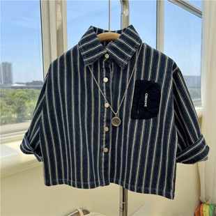23 Korean Children's Clothing Autum New Boys' Denim Shirts for Boys and Girls Vertical Stripesd Lapels Casual Thick Denim Outerwear