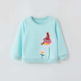 跨境秋季儿童卫衣套头衫少女绣花圆领女童短袖针织棉长袖