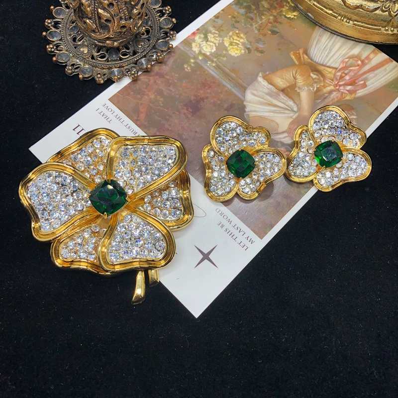Серьги-булавки с изумрудом, ретро-старинный комплект, высококачественный аксессуар из меди, универсальная булавка, с драгоценными камнями, цветочные, инкрустированные бриллиантами