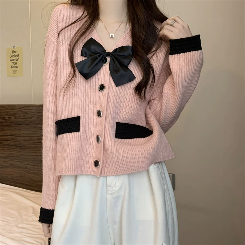 Весенний маленький ароматный бант вязаный кардиган женский 2023 новый нежный сладкий шикарный свитер с v-образным вырезом