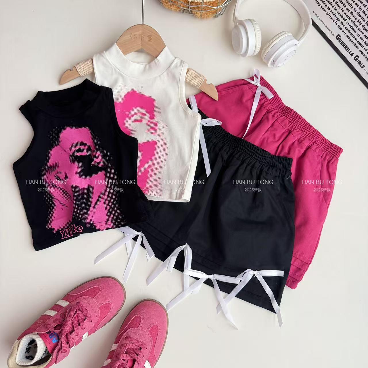 Girls summer 2025 new suit sweet cool hot girl vest casual net red fried street bow half-length skirt two