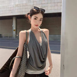 自家工厂现货拼接假两件荡领吊带小背心女夏季无袖设计感撞色上衣