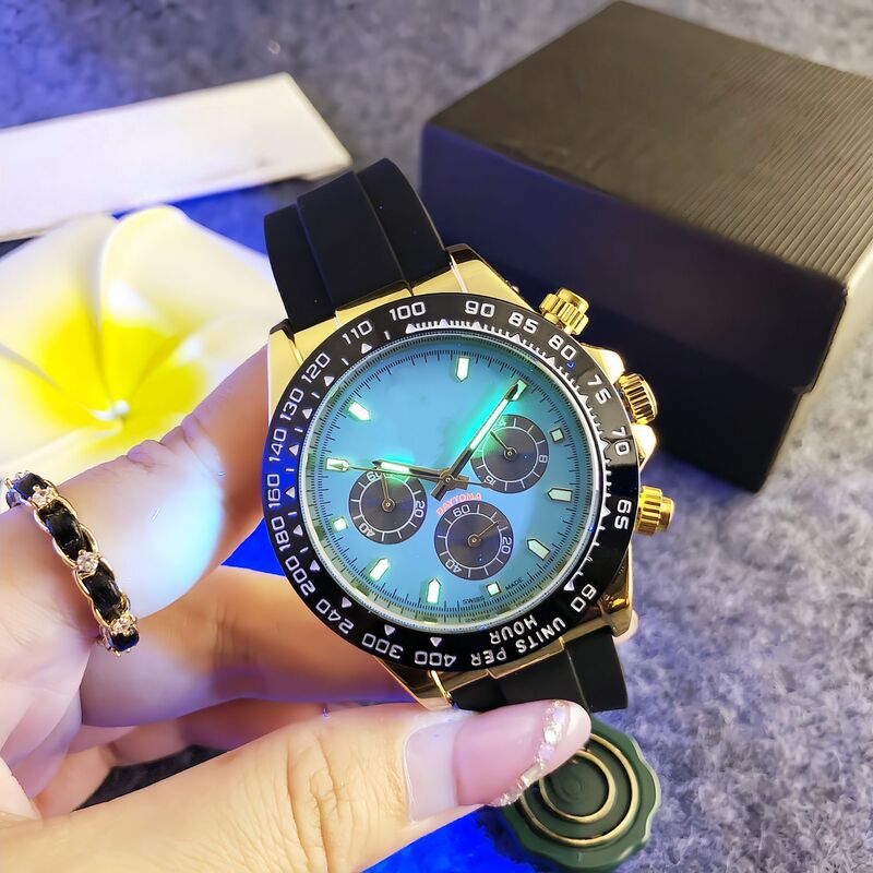 Light Luxury Gold-Tone Three-Eye Watch with Ice Blue Luminous Dial, Silicone Strap, Sporty and Casual Style, Unisex Model