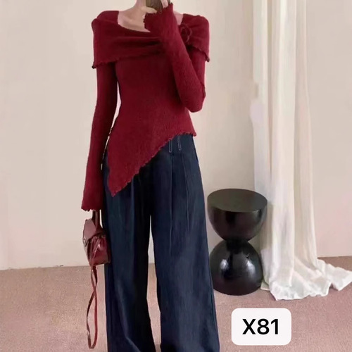 French-style chic ruffled-edge 3D floral off-shoulder knit top | Slim-fit sweater | Women's layered autumn/winter base shirt