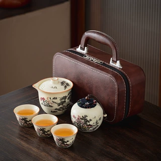 功夫茶具汝窑黑松梅花旅行手抓壶便携式车载快客杯简约皮包伴手礼