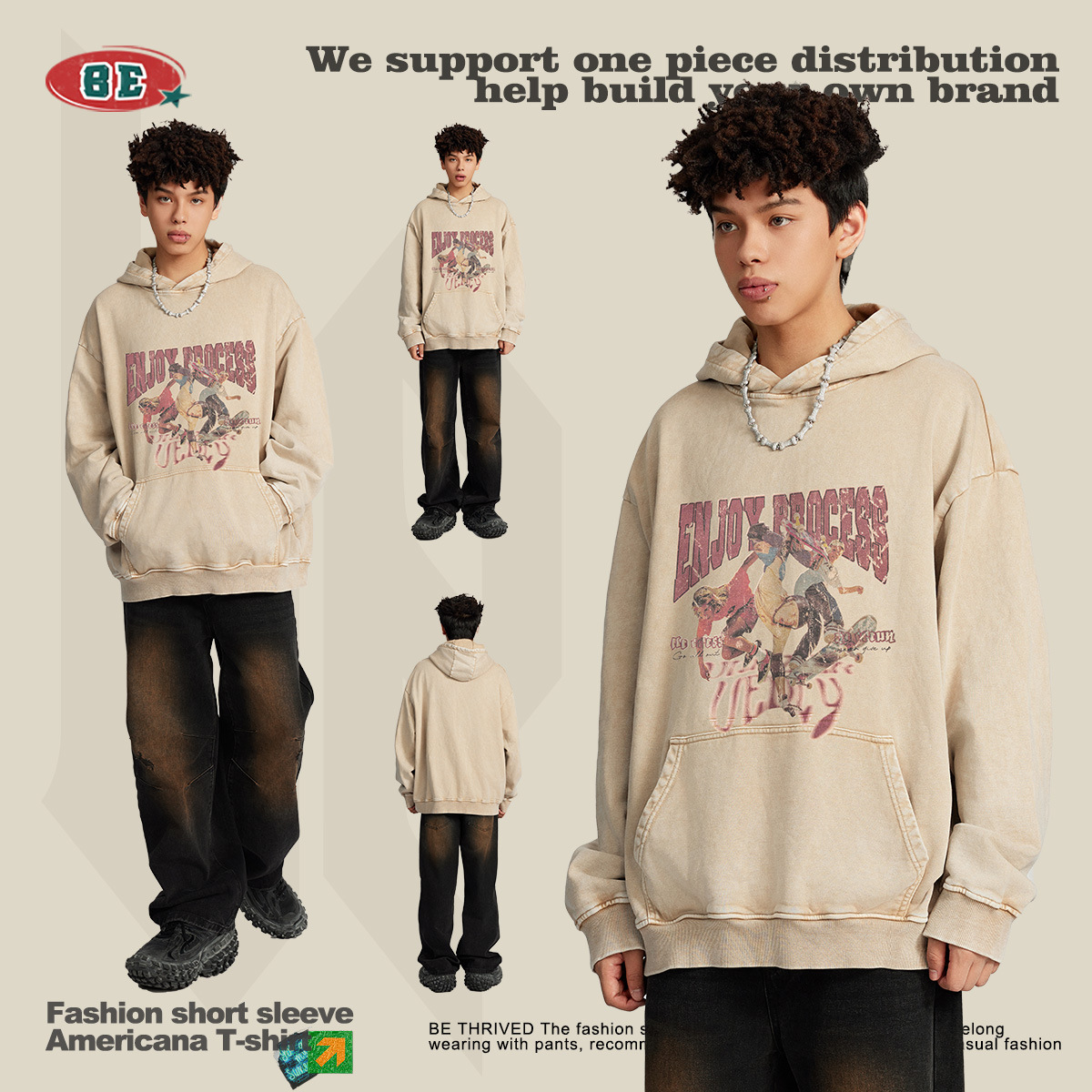 BE ropa de hombre | 2025 otoño e invierno para jóvenes suéter con capucha de monopatín de algodón suelto suéter lavado de marca de moda americana para hombres image 4