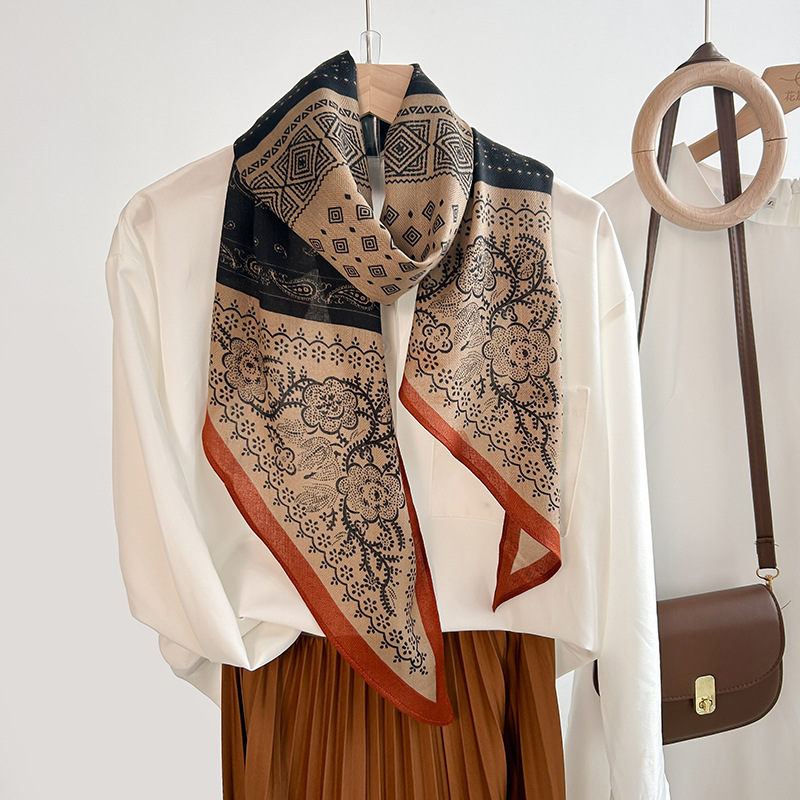 Bufanda paralela de una sola capa de sentido de alta gama de moda de nicho coreano, estilo étnico femenino, retro, temperamento de impresión creativa, bufanda de seda fina