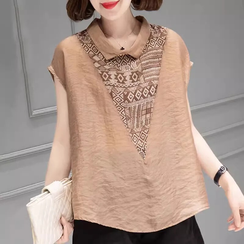 Cotton and Linen 52 Printed Cotton and Linen Top Light Blue Women's T-Shirt Southeast Asian Elegant